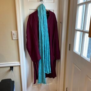 FabIndia silk fitted top with white pants and 2 scarves